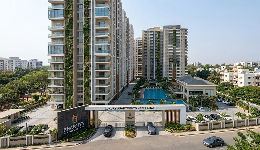Aerial view of luxury apartments in Bellahalli, North Bangalore, showing connectivity to the airport corridor and major IT hubs.
